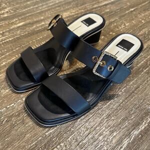 Dolce Vita Wedge Heel Strap Slide Sandals Black Leather Brazil Women’s Size 8.5